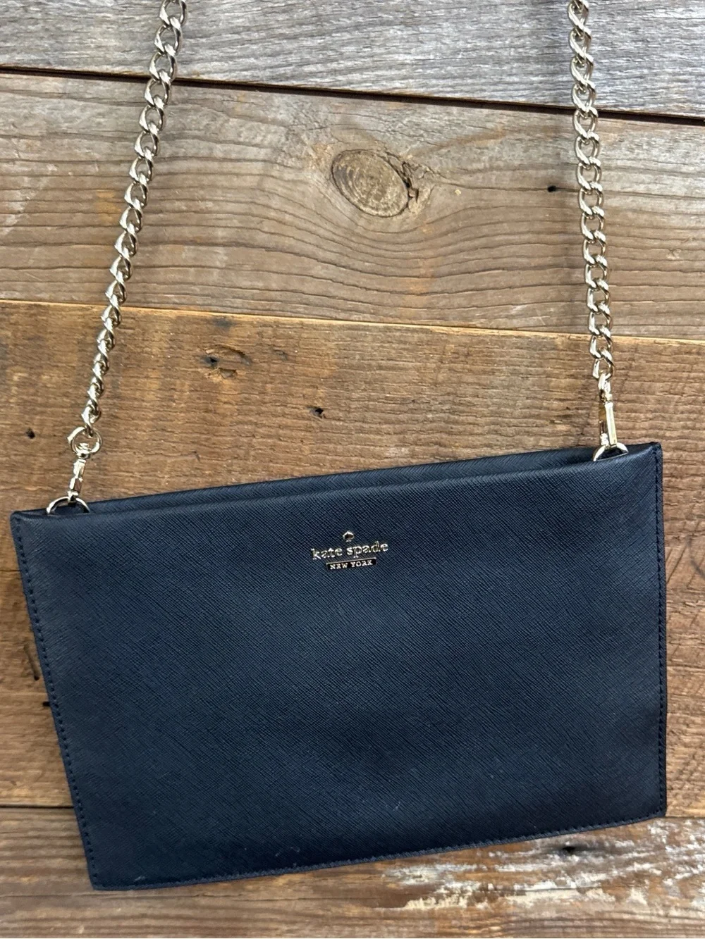 Kate Spade Cameron Street Sima Black Saffiano Leather Chain Crossbody Clutch Bag
